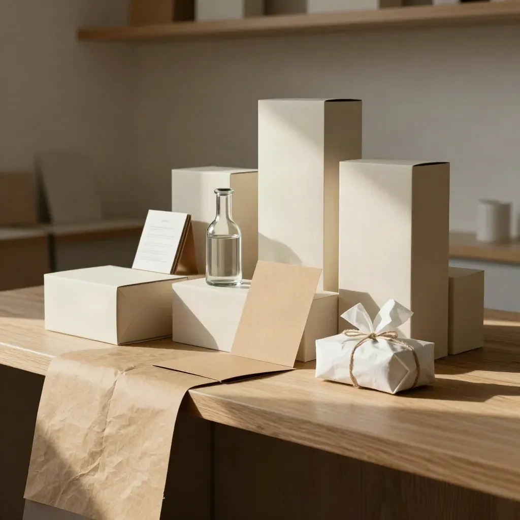 Mockup di packaging con scatole piegate, bottiglia e inserti in carta su banco in legno chiaro.