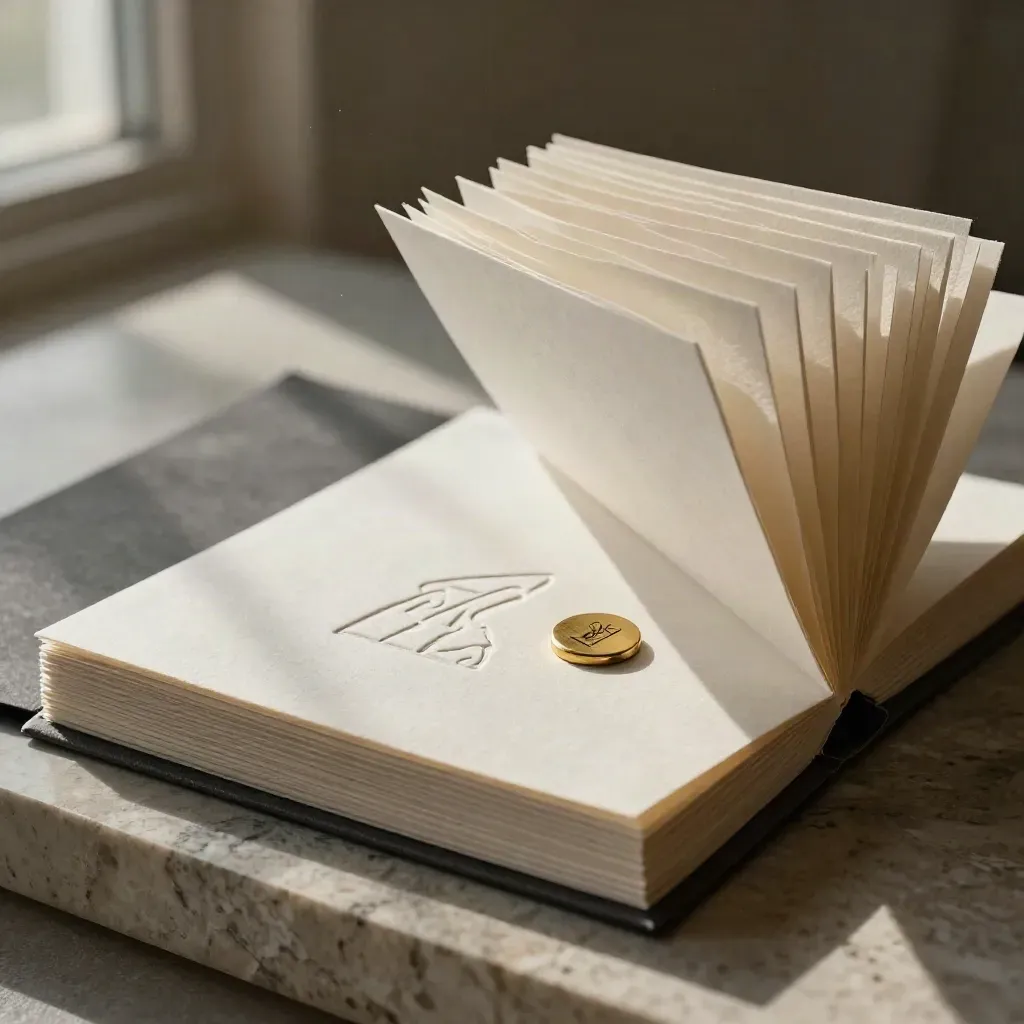Set di carta cotone goffrata con segno logo in ottone su travertino, luce calda radente.