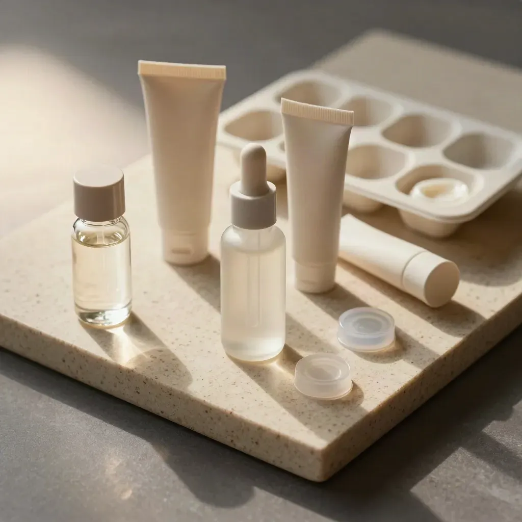 Linea skincare con flaconi in vetro, tubi opachi e vaschette, disposti in diagonale su travertino caldo.