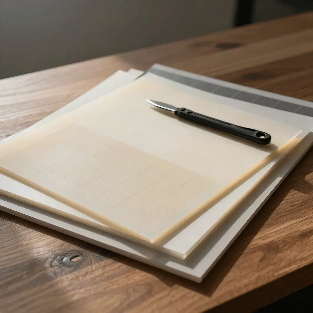 Pellicole di layout, schede griglia e coltello di precisione su banco caldo di studio.