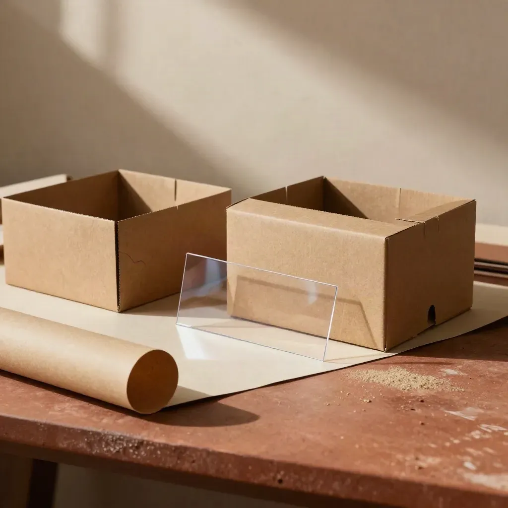Mockup packaging in cartoncino kraft e acetato su banco in terracotta, luce morbida laterale.