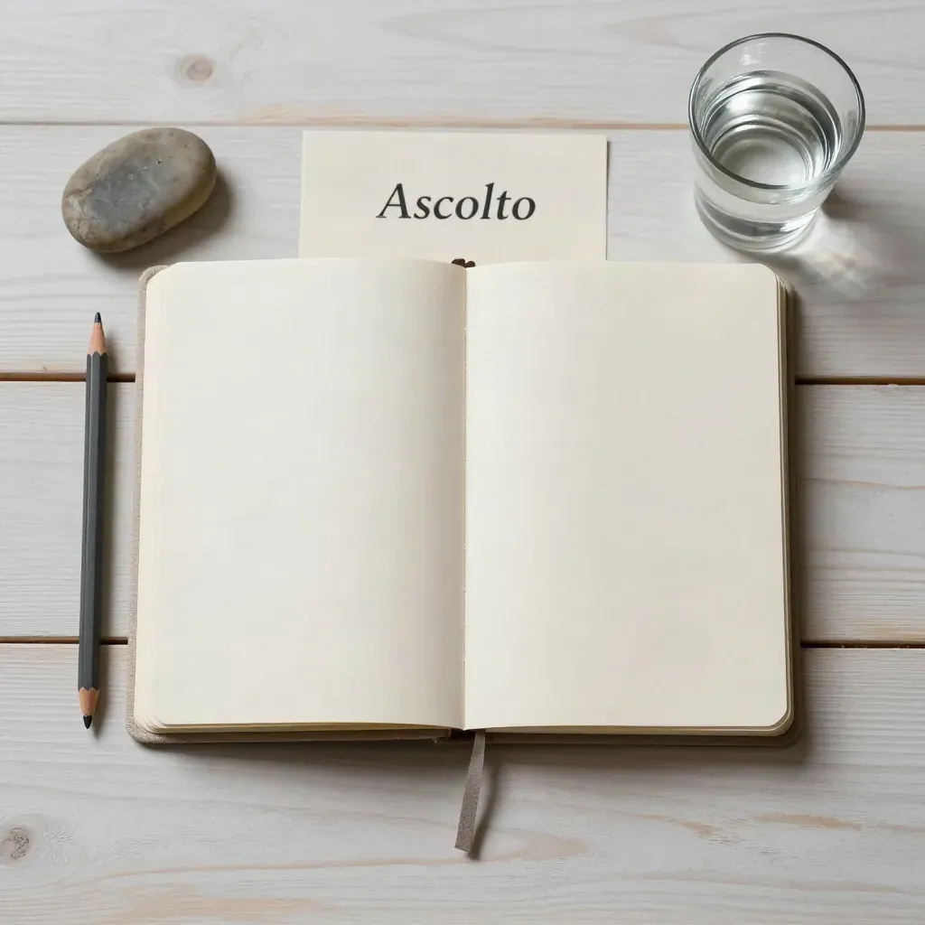 Quaderno aperto, matita, pietra, bicchiere d’acqua su legno chiaro.