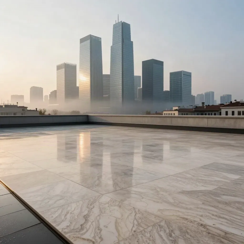 Skyline di Milano all’alba, grattacieli tra foschia post-pioggia e terrazza in travertino.