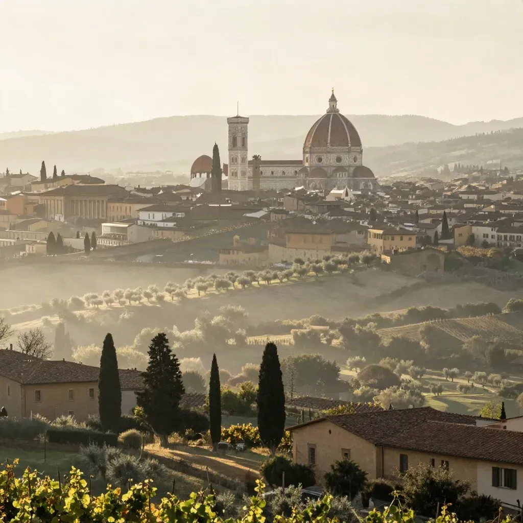 Panorama di Firenze e Toscana con il Duomo lontano, cipressi e foschia mattutina.
