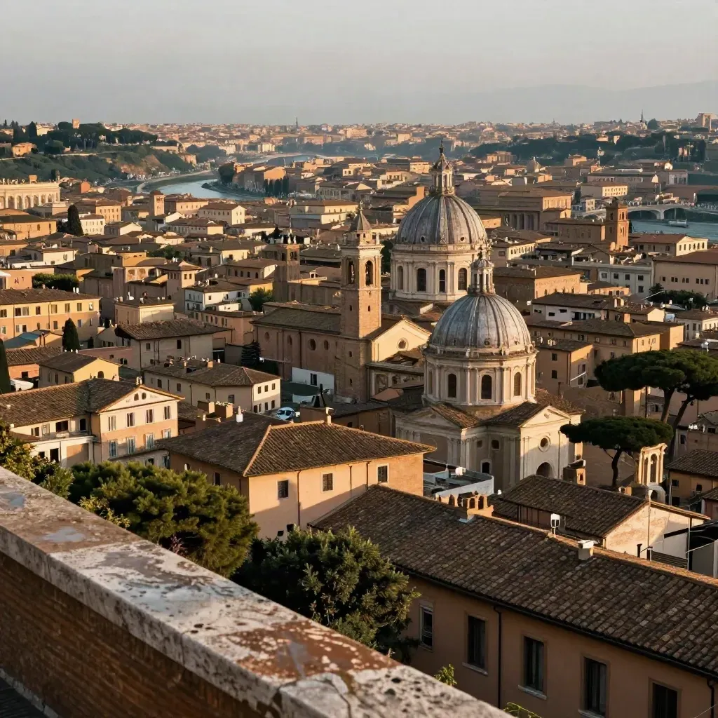 Veduta di Roma e Lazio al tramonto, con cupole, tetti terracotta e fiume in lontananza.