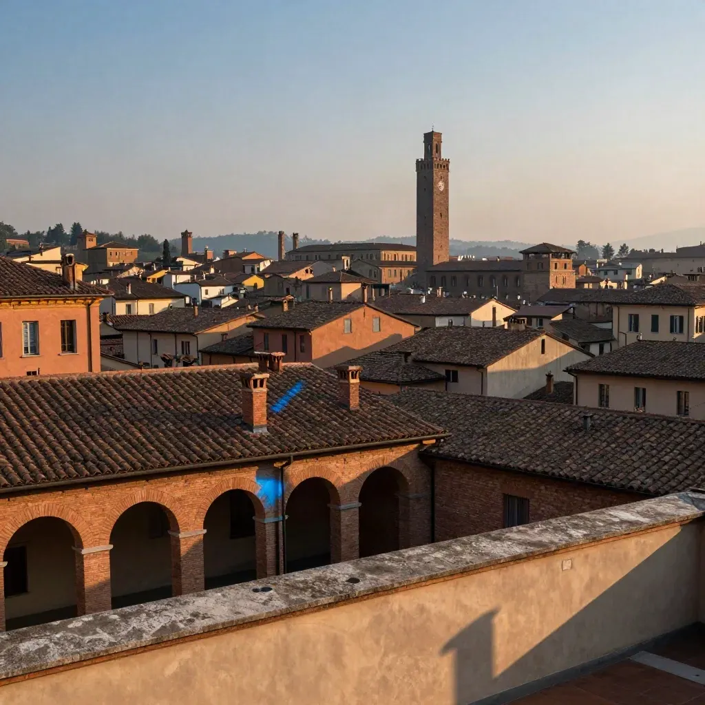 Terrazza di Bologna al tramonto con tetti in terracotta e Torre degli Asinelli in lontananza.